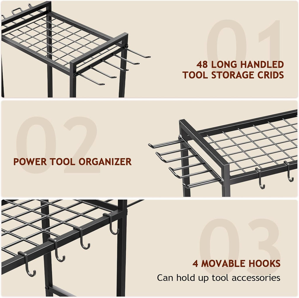 Garden Garage Tool Organizer Yard Tool Organizer for Garage with 4 Hooks, Heavy duty Steel Garden Tool Rack Holds up to 48 Long Handled Yard tools for Storage