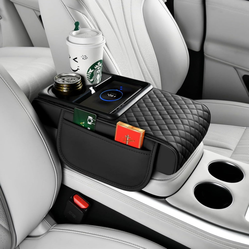 Upgrade Arm Rest Cover for Car, 5-in-1 Middle Console Cover Cushion Pad with Cup Holders & Side Pockets, Center Armrest Storage Box, Black