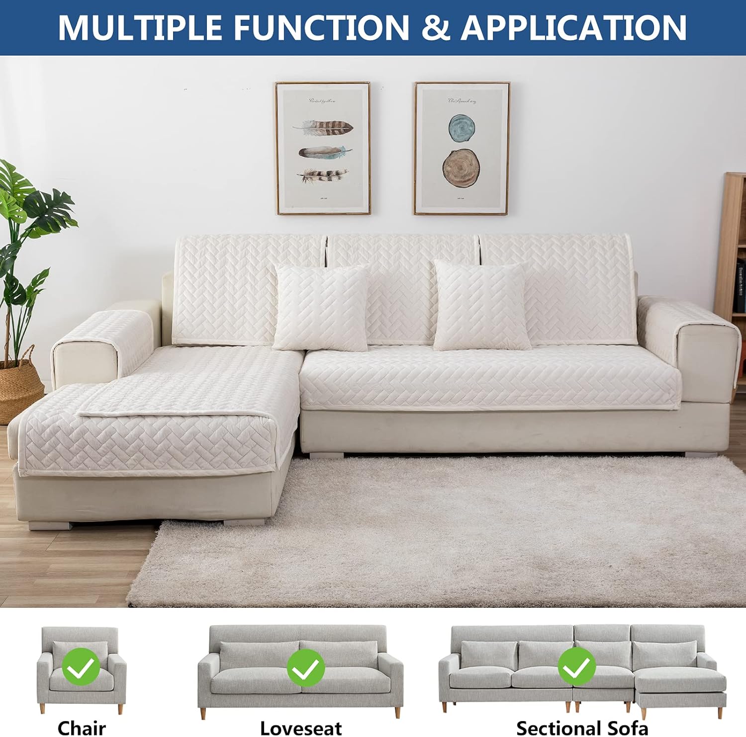 Eismodra Couch Cover,Sectional Couch Covers,Sofa Covers for 3 Cushion Couch,Anti-Slip Sofa Slipcovers for Dogs Cats Kids Loveseat Recliner L Shaped Armrest Backrest,White 36''x63''(Only 1 Piece)