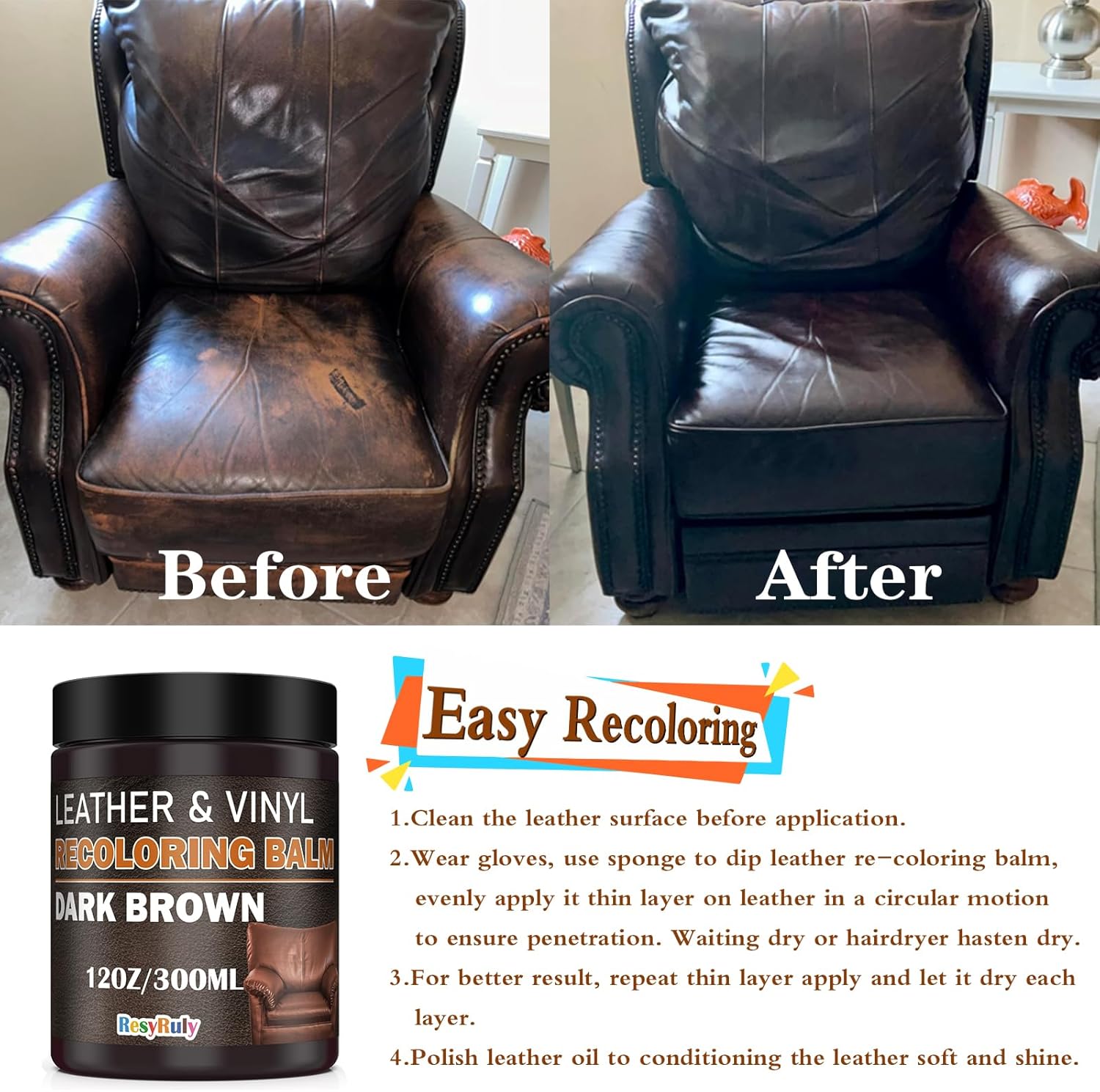 Leather Recoloring Balm Dark Brown Leather Dye Vinyl Paint Car Interior Seat Furniture Couch Recliner Chair Boots Jacket Shoes Bag Purse Belt Color Restorer Fade Stain Scratch Remover Repair Kit