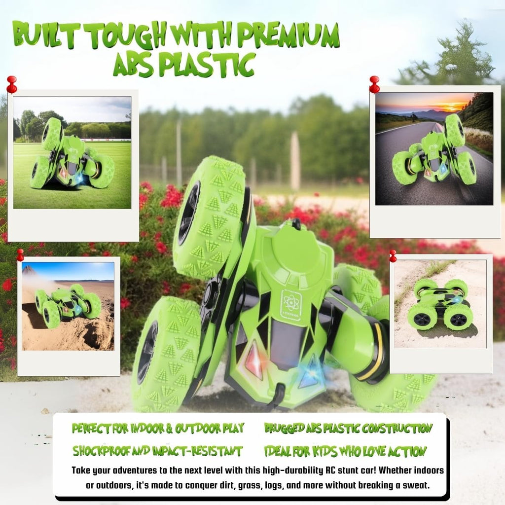 RC Stunt Car, Remote Control Double-Sided Driving 360° Flips & Rotations, Rechargeable Lithium Batteries, Color-Changing Lights, for Kids Ages 6-12, Green