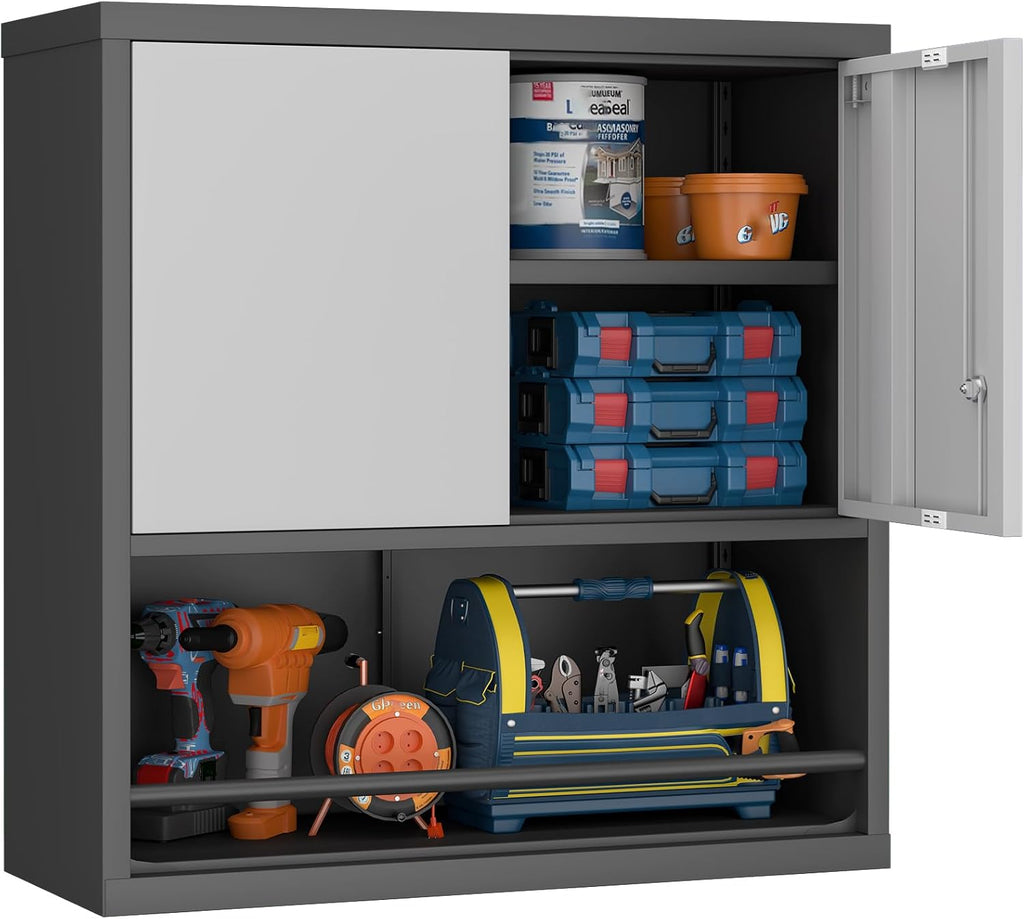 GREATMEET 31" H Locking Metal Garage Storage Cabinet with Doors and Shelves, Lockable Wall Cabinet Storage, Black&Grey Steel Wall Mount Cabinet Hanging Floating for Office Utility Room