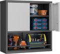 GREATMEET 31" H Locking Metal Garage Storage Cabinet with Doors and Shelves, Lockable Wall Cabinet Storage, Black&Grey Steel Wall Mount Cabinet Hanging Floating for Office Utility Room