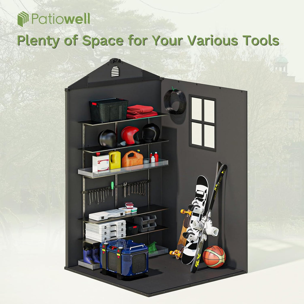 Patiowell 4' x 4' Plastic Outdoor Storage Shed with Floor, Resin Outside Tool Shed with Window and Lockable Door for Backyard Garden Patio Lawn, Gray (Fit-it Shed)