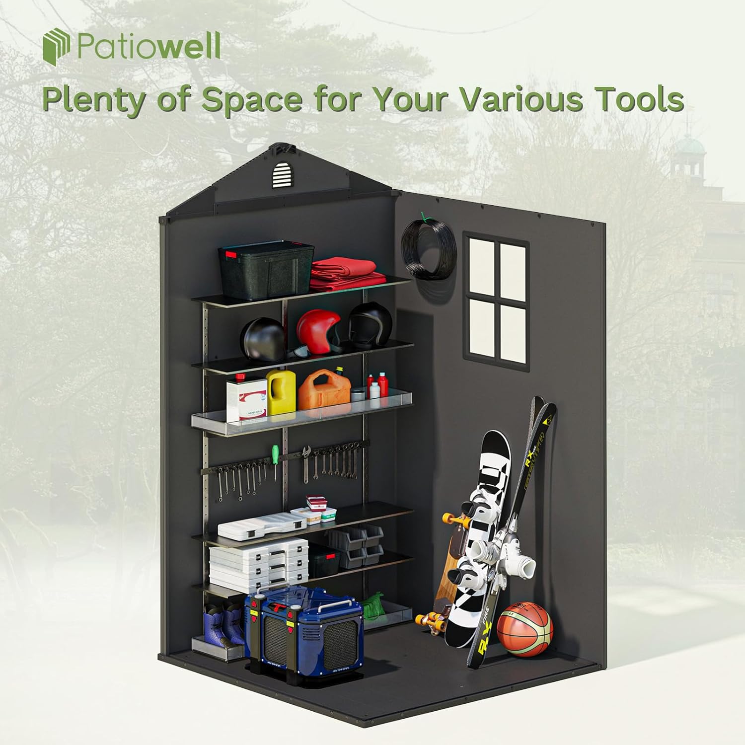 Patiowell 4' x 4' Plastic Outdoor Storage Shed with Floor, Resin Outside Tool Shed with Window and Lockable Door for Backyard Garden Patio Lawn, Gray (Fit-it Shed)