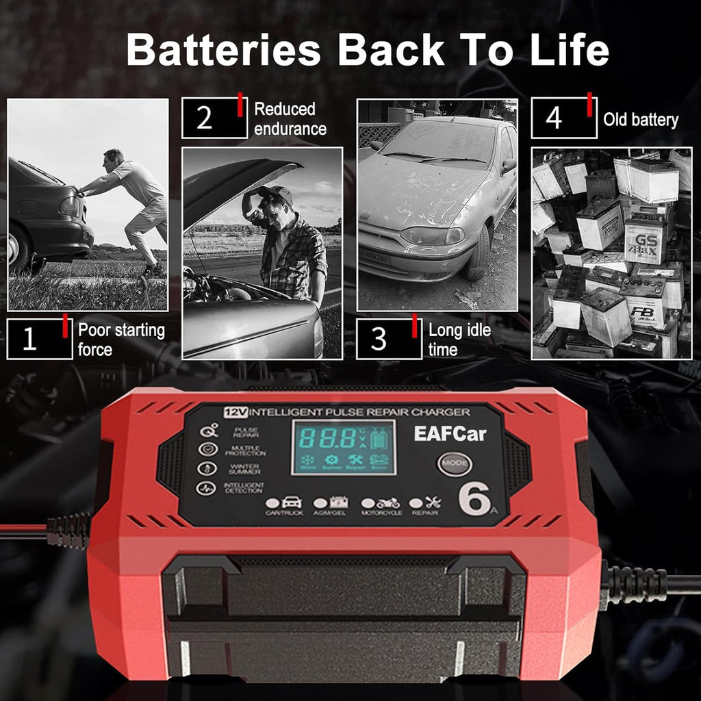 6-Amp Battery Charger, 12V Trickle Charger Car Battery Charger, Smart Automatic Lead Acid Charging with Temperature Compensation for Car Truck Lawn Mower Boat Marine(6A)