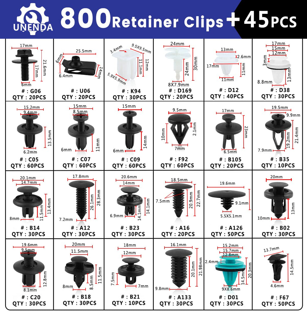 Car Push Retainer Clips 845pcs with 24Most Popular Push Pins for Automotive Parts Sizes Auto Push Pin Screw Clips with 10 Cable Ties and Blue Fastener Remover for Ford GM Toyota Honda Chrysler Nissan