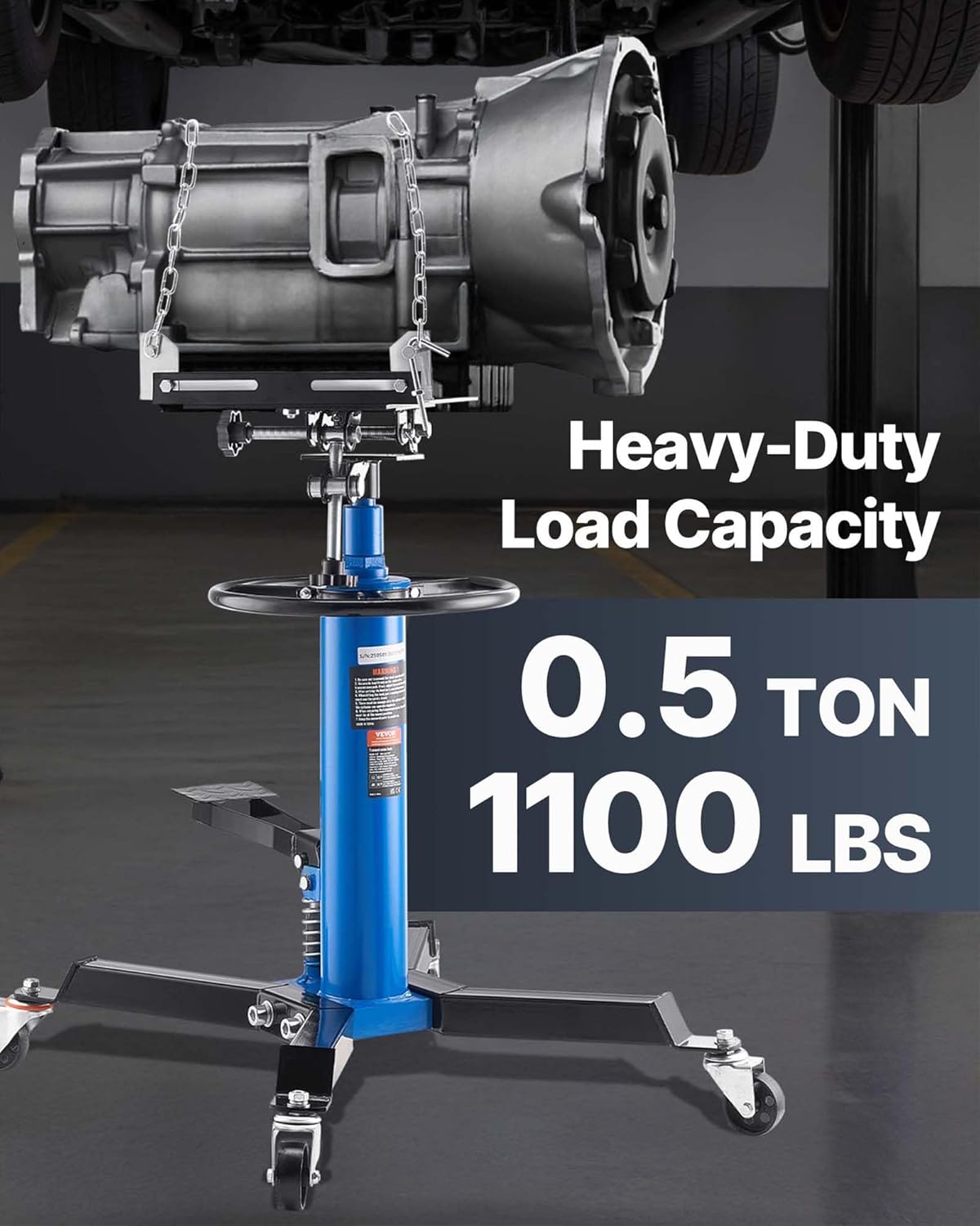 VEVOR Transmission Jack, 33"-67" High Lift, 1100 lbs Hydraulic Telescoping Transmission Jack, 2-Stage Transmission Stand 1/2 Ton Capacity with Foot Pedal, 360° Swivel Wheel, Garage/Shop Lift Hoist