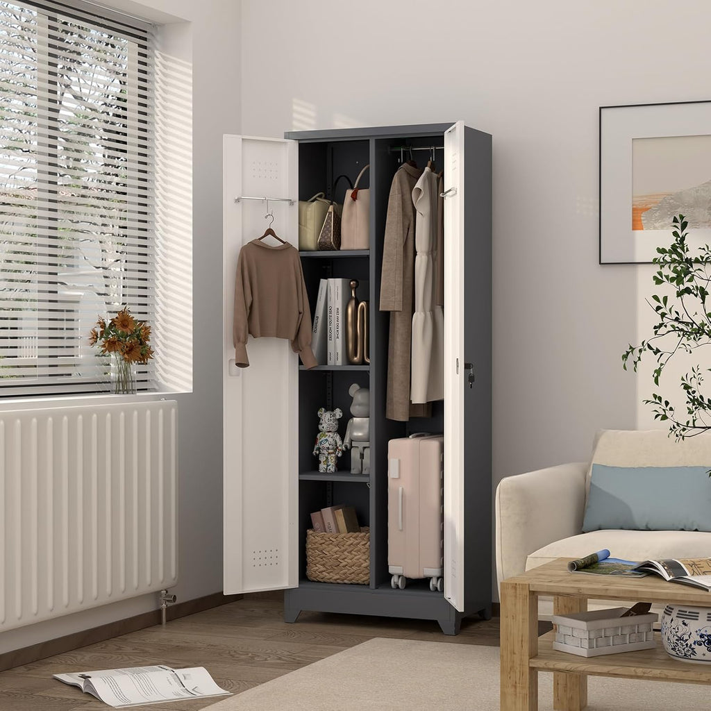 Metal Cabinets with Doors and Adjustable Shelves, 65" H Lockable Storage Cabinet, Grey-White Utility Cabinet for Brooms and Mops for Home,Kitchen,Garage
