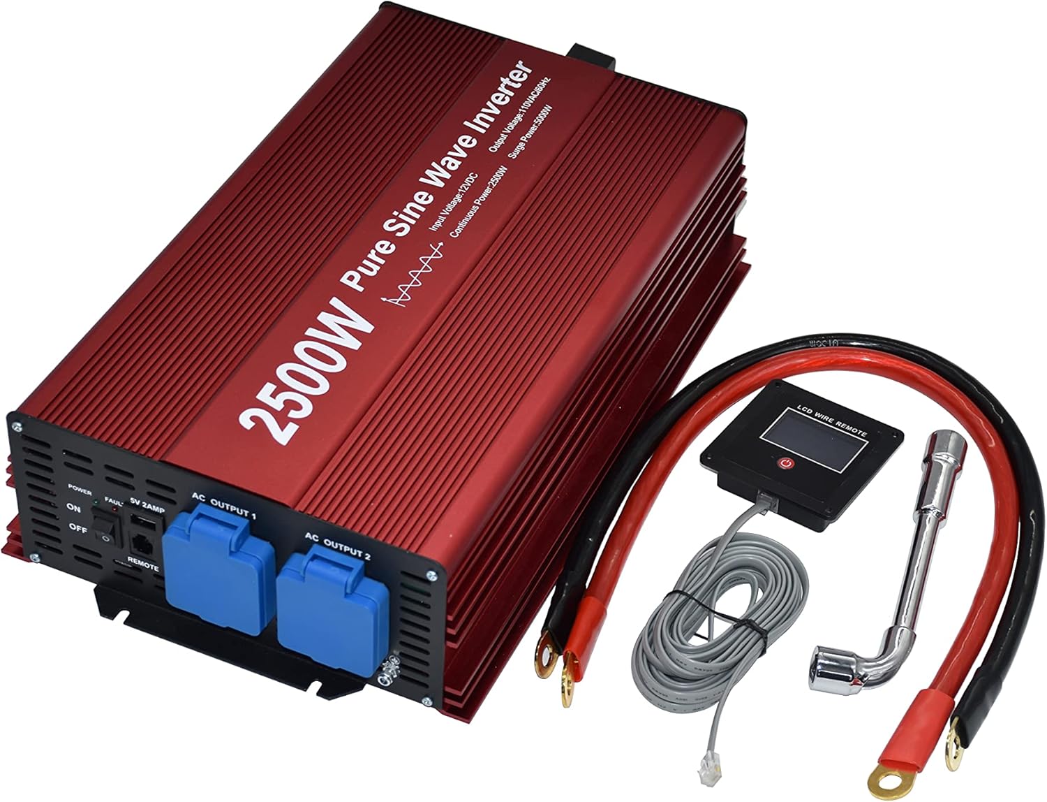 2500W Pure Sine Wave Inverter 12V to 120V AC with 2 AC outlets, DC5V 2 Amp USB Output, LCD Display Wire Remote kit and Heavy Duty Battery Cables.