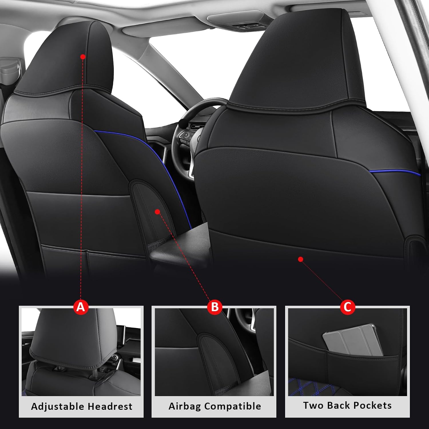 MIROZO Rav4 Seat Covers Full Set,Faux Leather Car Seat Covers Compatible with 2019-2025 Toyota RAV4 Hybrid LE XLE Limited Seat Cover RAV4 Hybrid(Black and Blue,Non XSE&2022-2025 SE Hybrid)