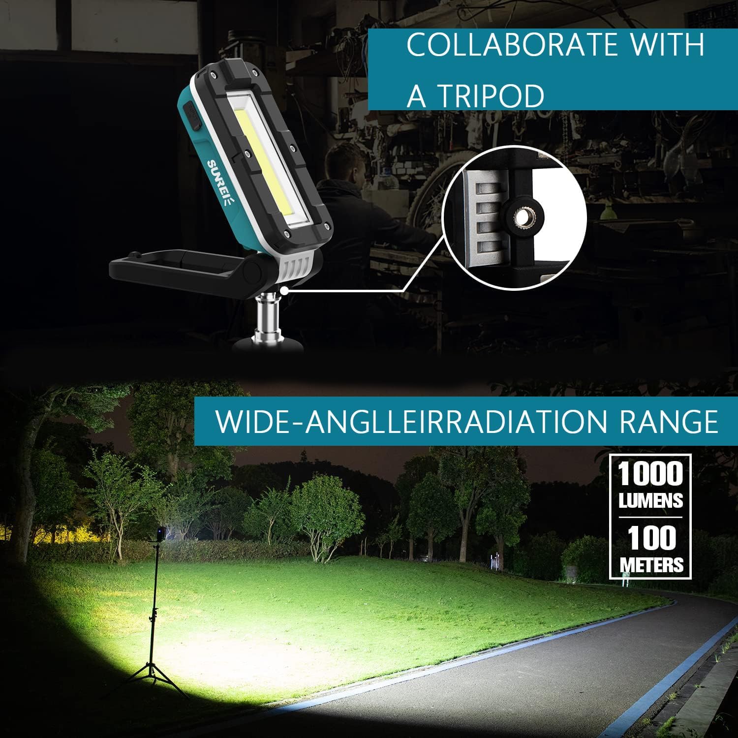 SUNREI LED Rechargeable Magnetic Work Lights COB Mechanic Lights,1100 Lumens, Magnetic Base & Hanging, 7Mode, Magnetic Flashlight Job Site & Security for Car Repair, Emergency, Gift for Men