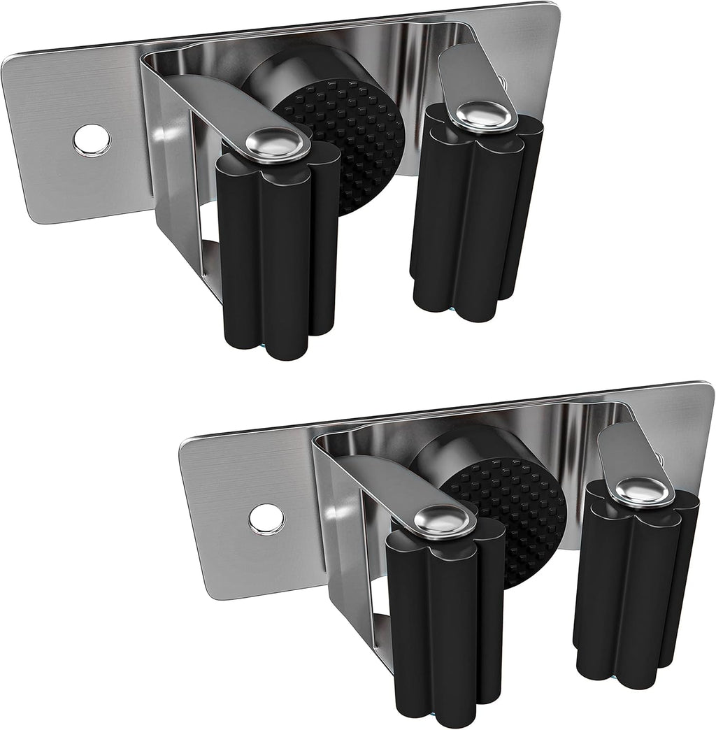 Self Adhesive Broom and Mop Holder Wall Mounted – SUS304 Stainless Steel 2-Slot Organizer with Anti-Slip Rubber Grips, 25lb Load, Adjustable for 0.6–1.4" Handles, Garage Kitchen Bathroom Use, 2 Pcs