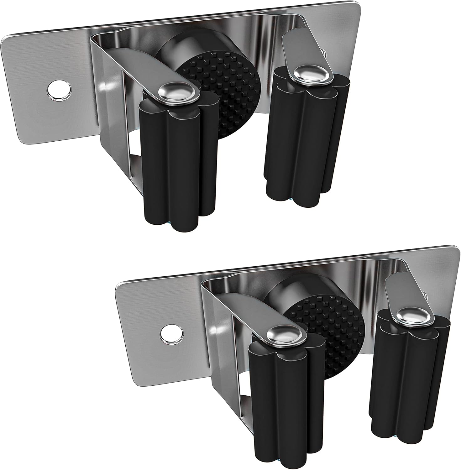 Self Adhesive Broom and Mop Holder Wall Mounted – SUS304 Stainless Steel 2-Slot Organizer with Anti-Slip Rubber Grips, 25lb Load, Adjustable for 0.6–1.4" Handles, Garage Kitchen Bathroom Use, 2 Pcs