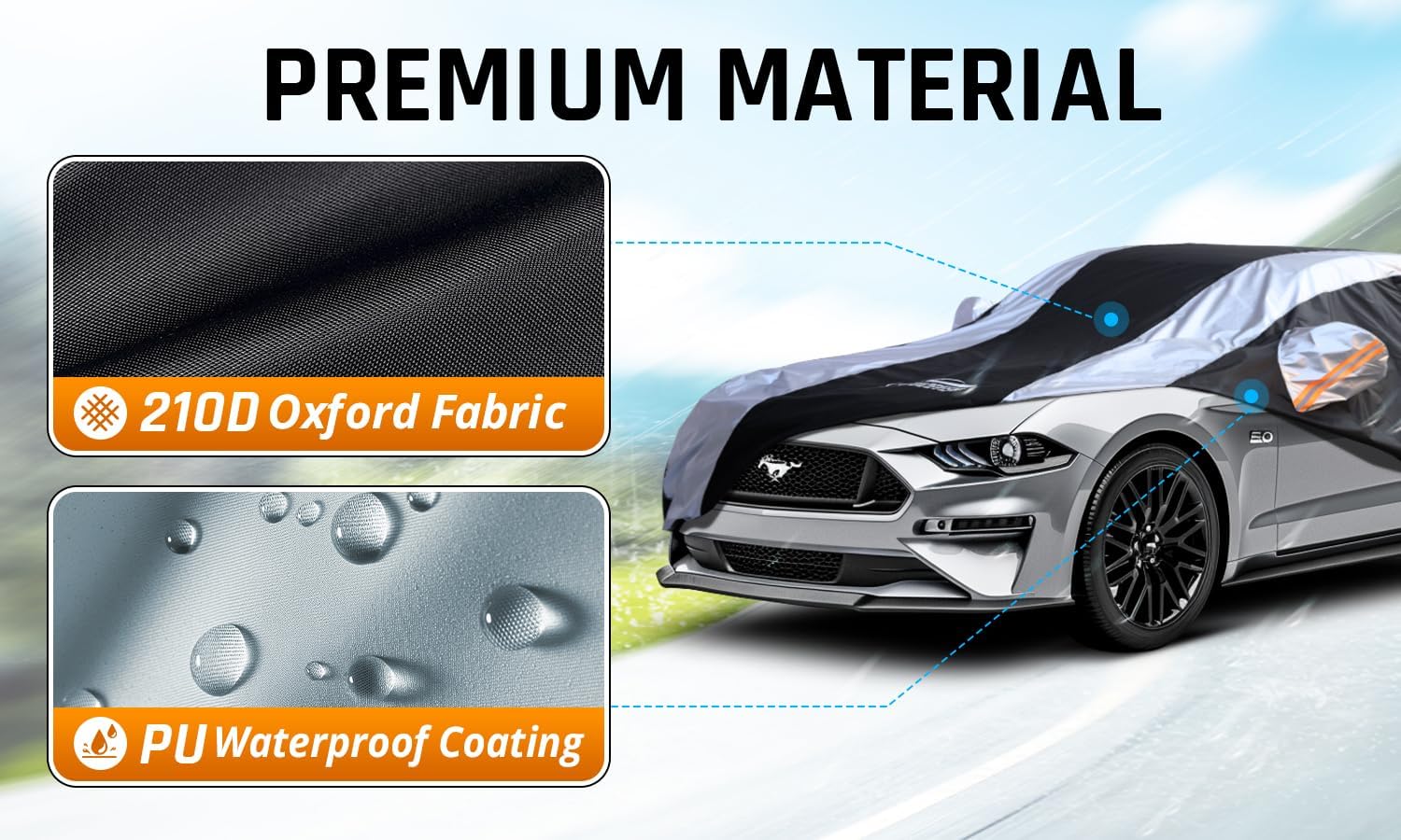 Mustang Car Cover Waterproof All Weather with Silver Strip Design, Custom Fit for Ford Mustang 1994–2025, Mustang Accessory with Door Zipper & Windproof Straps