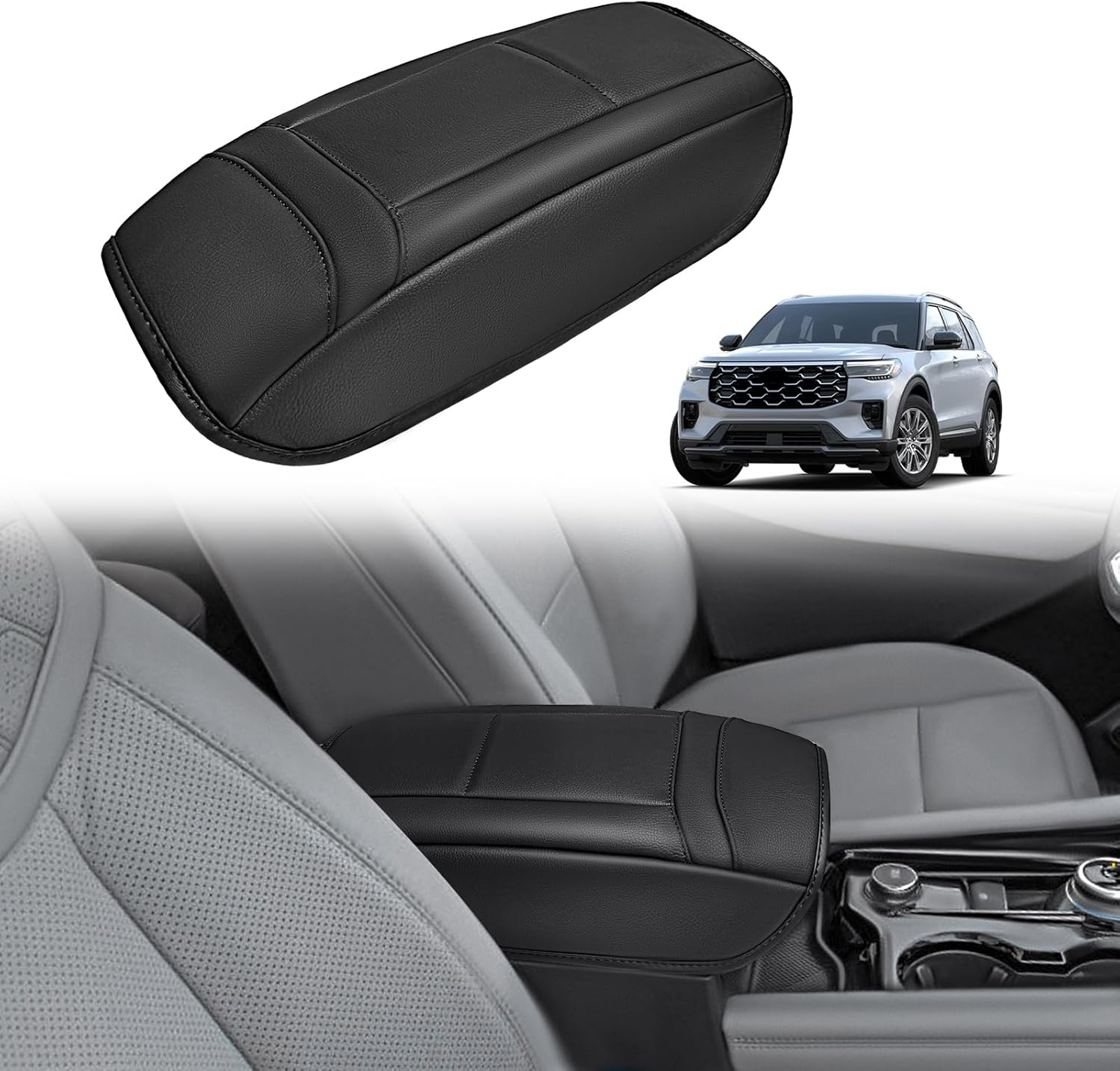 Muslogy Center Console Armrest Cover Compatible with Ford Explorer 2020-2024 2025 Comfort Armrest Pad Arm Rest Cushion Vegan Leather Protector Regular Thick