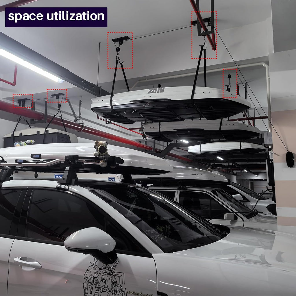 Cargo Box Ceiling Hoist – Garage Pulley Lift System for Rooftop Cargo Carrier Fits Garage or Shed with 100lb Capacity for Bicycles or Ladders or Roof Luggage Box or Roof Luggage Frame
