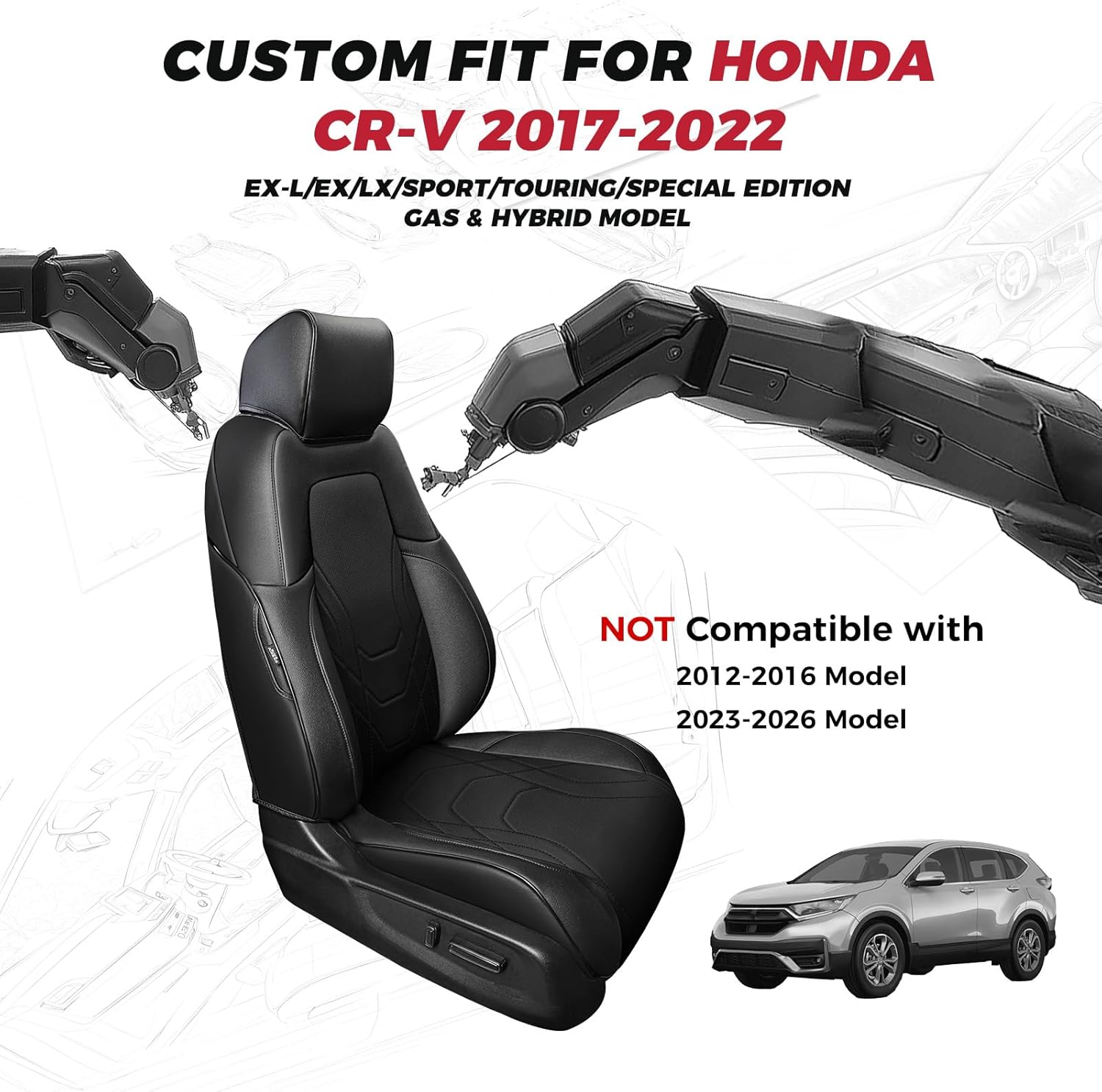 FREESOO CRV Seat Covers Full Set, for Honda CRV LX EX EX-L Sport Touring Hybrid 2017 2018 2019 2020 2021 2022, Custom Fit Seat Covers for CRV, Waterproof Leather Car Seat Covers, Black