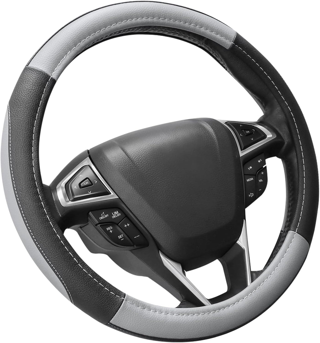 SEG Direct Car Steering Wheel Cover for F-150 Tundra Range Rover 15.5-16 inch, Black and Gray Microfiber Leather