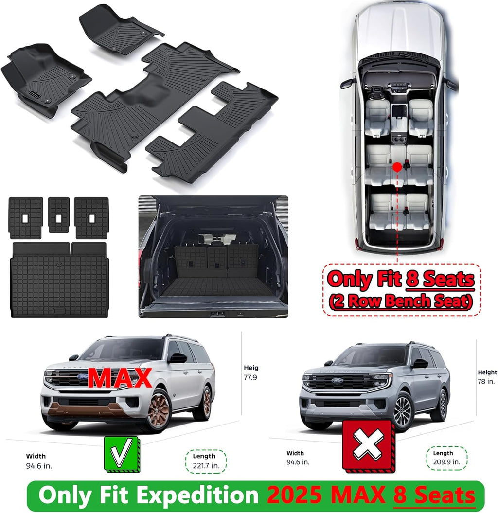 Full Set Floor Mats & Trunk Liner for 2025 Ford Expedition (Only Fit MAX 8-Seat | 2 Row Bench Seat) | TPE All-Weather Liners with Cargo Mat - Custom Fit, Non-Slip, Waterproof