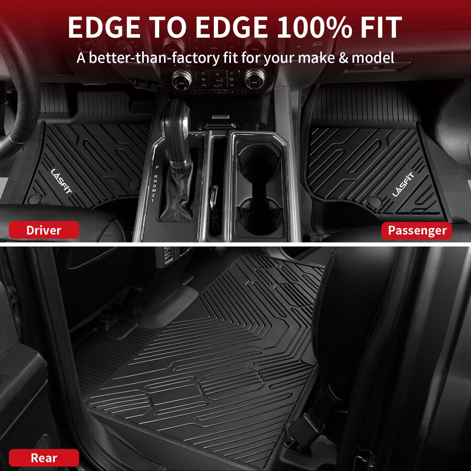 LASFIT Floor Mats for Ford F250 F350 F450 2017-2026 Crew Cab Front Bucket Seat | Rear W/Fold-Flat Storage Carpet Floor Super Duty All Weather Protector TPE Car Floor Liner, 1st & 2nd Row, 3pcs Black