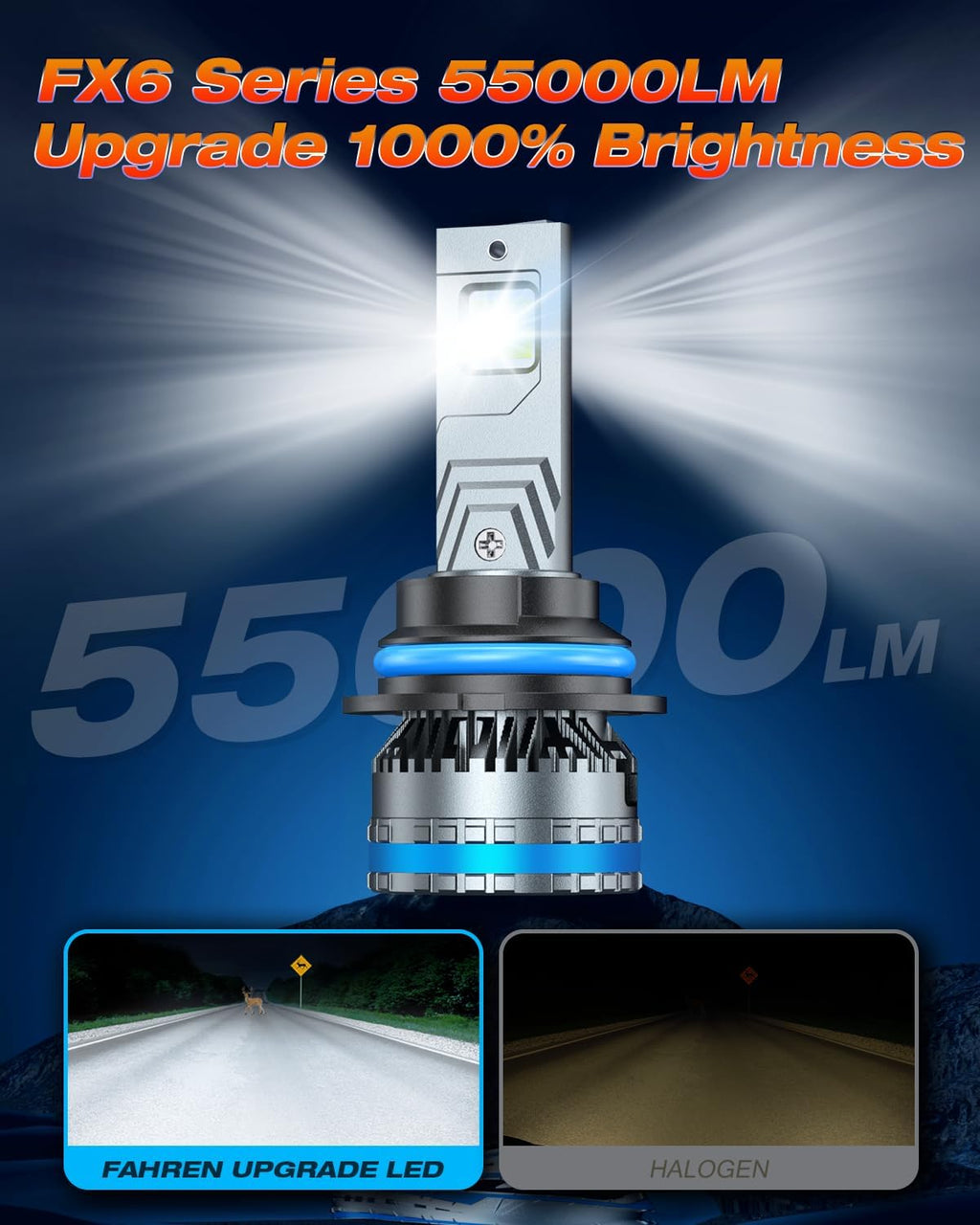 FAHREN 9004/HB1 Light Bulbs, Upgraded 120W 55000LM Bright Fog Lighting Bulb, 6500K Cool White IP68 tire lights Waterproof,Quick Installation, Pack of 2