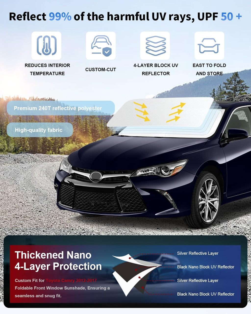 Custom-fit for Toyota Camry 2012-2016 2017 Windshield Sun Shade Block UV Rays Foldable Sun Visor SunShades 240T Reflective Fabric UV Protection Auto Car Interior Accessories