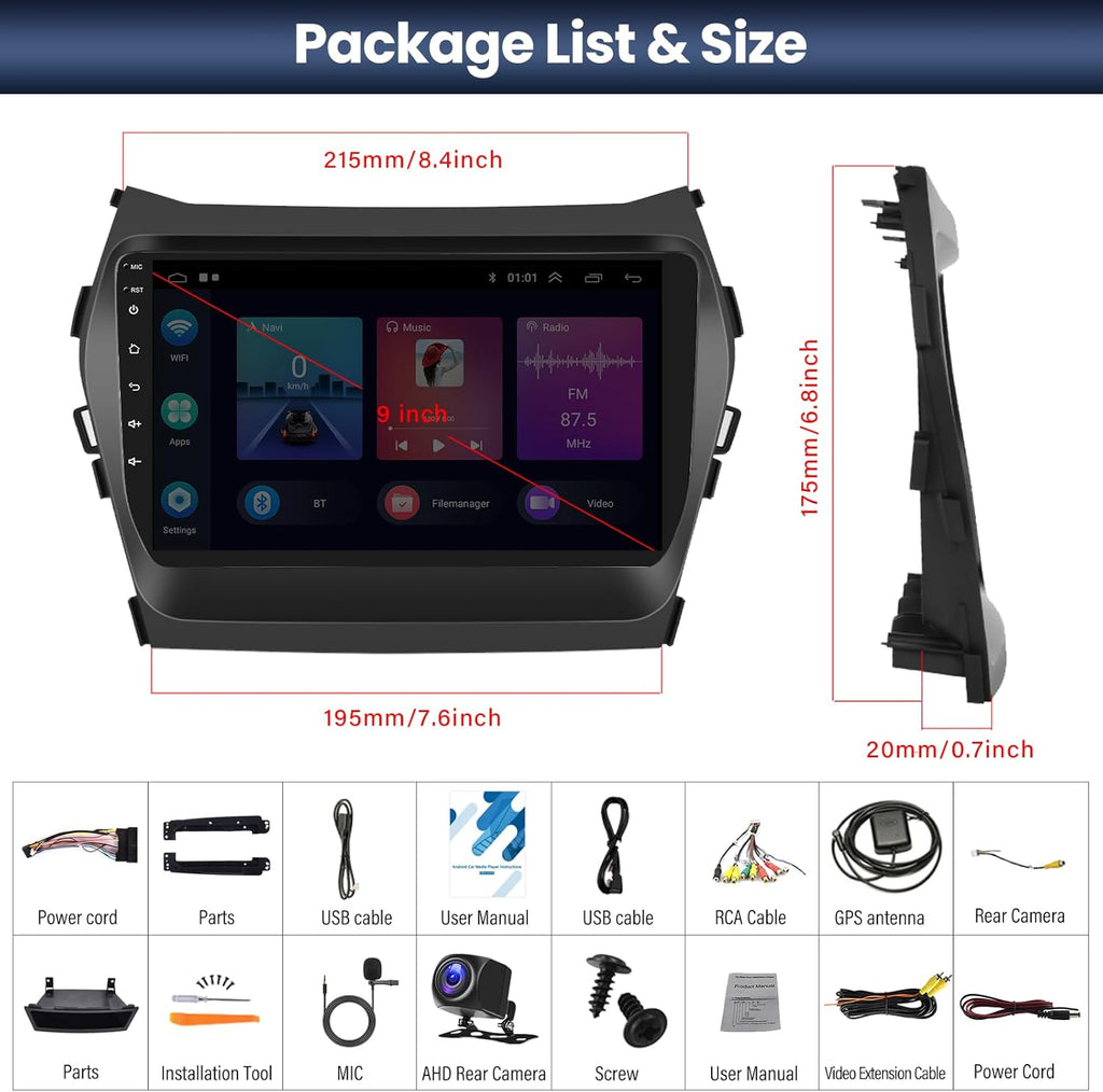 2+64G Android 13 Car Stereo for Hyundai Santa Fe IX45 2013-2018 with Apple Carplay Android Auto Mirror Link 9 inch Touch Screen FM RDS HiFi Bluetooth WiFi GPS+AHD Camera & MIC