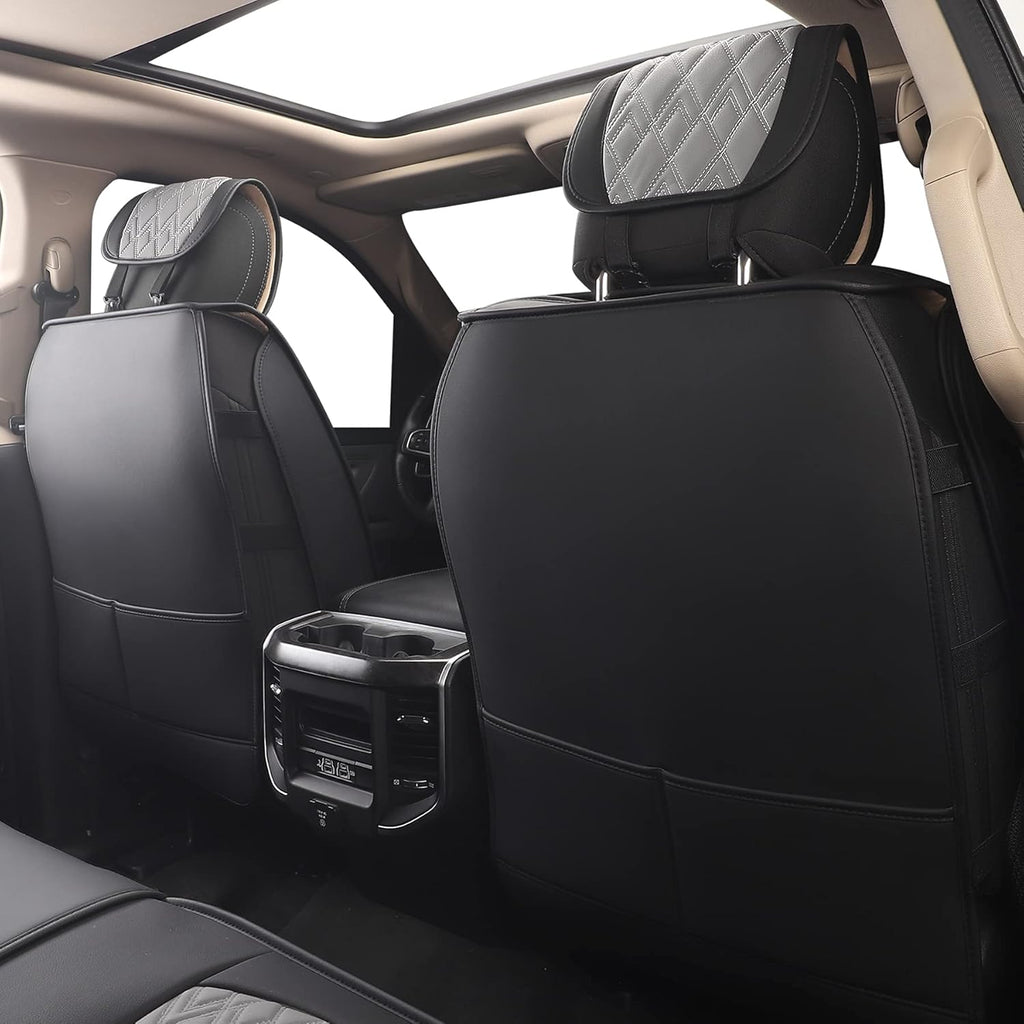 JOJOBAY Car Seat Covers for Dodge Ram Full Set,Fit Ram 2009-2025 1500/2500/3500 Pick-up Truck,Crew,Regular,Quad,Mega Cab,Waterproof Leather Seat Covers Protectors（5 PCS Full Set,Black-Grey）