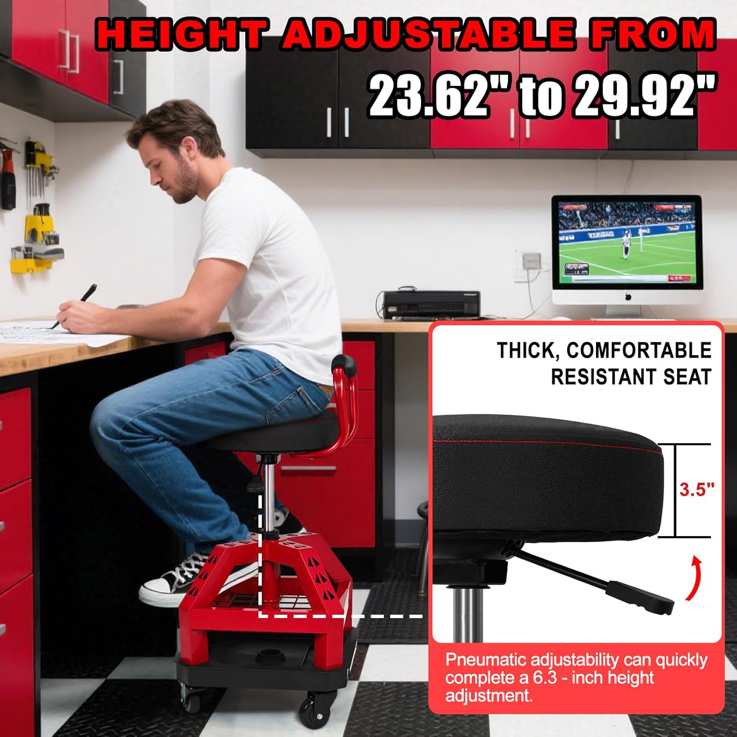 Rolling Shop Stool with Wheels, Heavy Duty Garage Work Mechanic Stool with Backrest, Adjustable Height 360°Swivel Rolling Chair with Tool Tray Storage, 330 LBS Capacity, Red