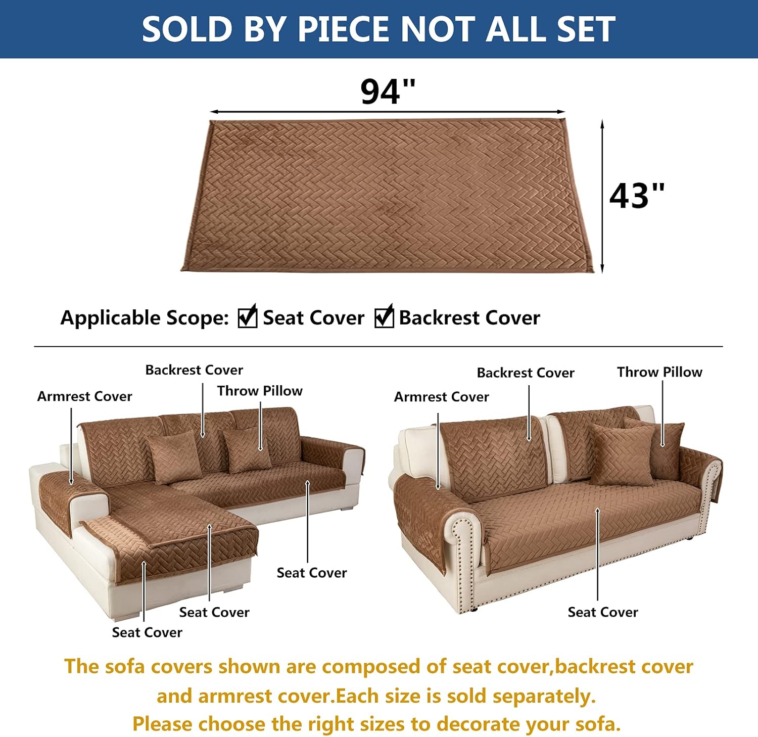 Eismodra Couch Cover,Sectional Couch Covers,Sofa Covers for 3 Cushion Couch,Anti-Slip Sofa Slipcovers for Dogs Cats Kids Loveseat Recliner L Shaped Armrest Backrest,Brown 43''x94''(Only 1 Piece)