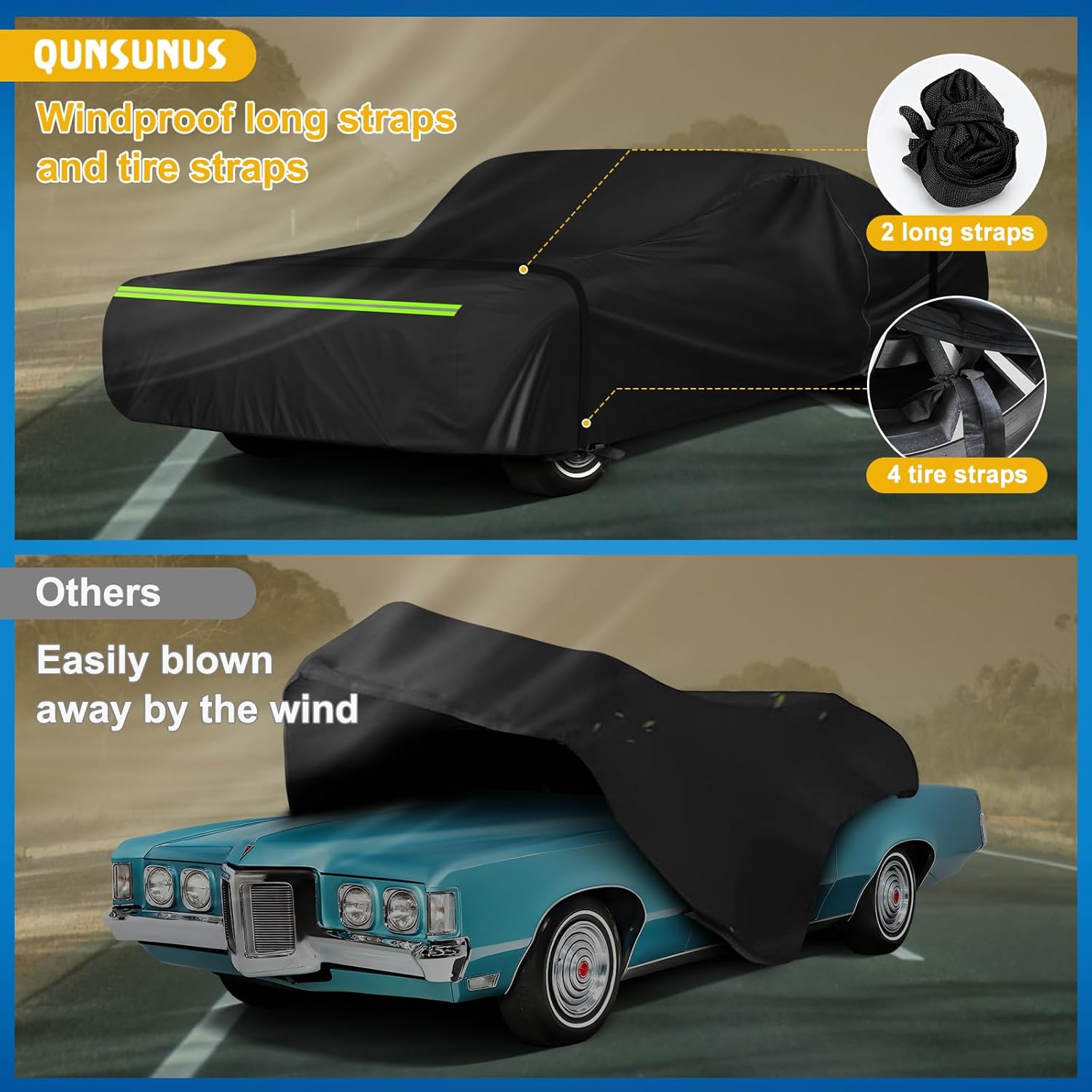 QUNSUNUS Waterproof Car Cover for Pontiac Grand Prix 1962-1977, Outdoor Car Covers with Zipper, All Weather Cover with Straps and Elastic Edges for Wind, Sun, UV and Dust Protection