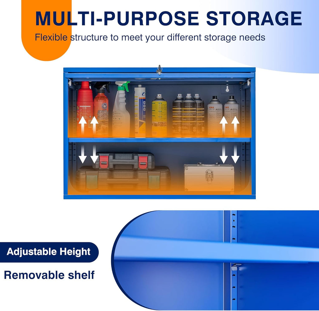 Yizosh Metal Garage Wall Cabinet with Doors and Shelves, Wall Mounted Metal Storage Cabinet, Floating Garage Tool Cabinet for Garage, Basement, Kitchen, Warehouse (Blue, 21.6" H)