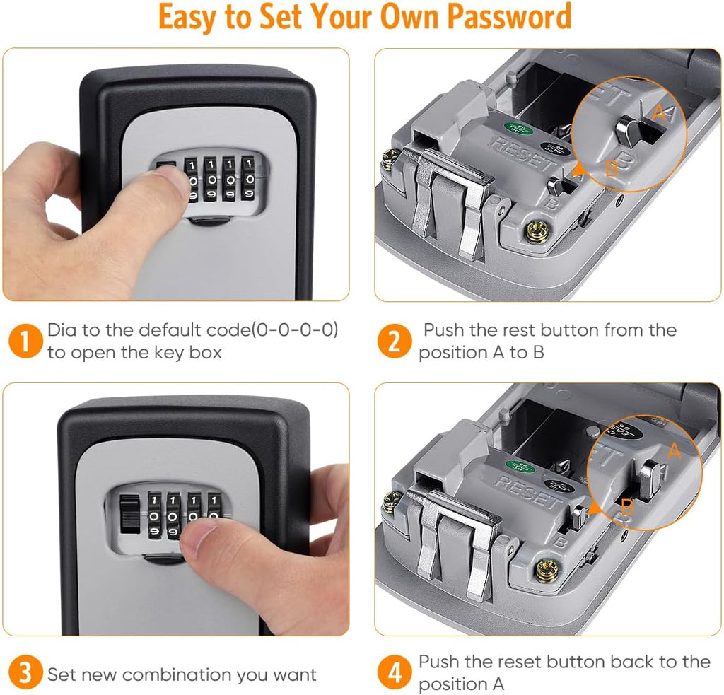 Key Lock Box Wall Mounted, Fayleeko 4 Digit Combination Lockbox for Outside, House Keys - 5 Keys Capacity, Key Safe Security Storage Lock Box for Indoor, Outdoor, Garage, Garden, Store (Black, 4Pack)