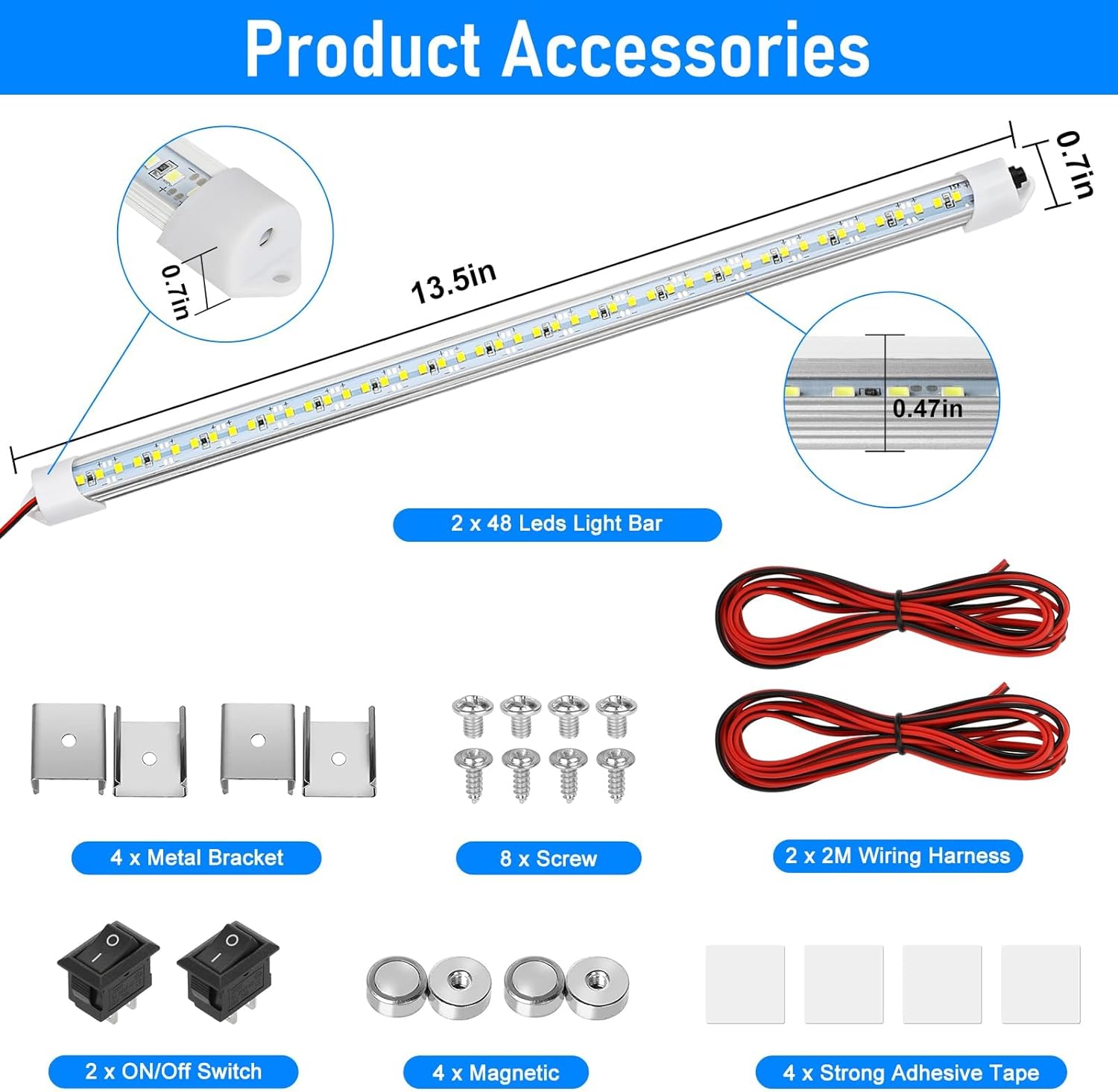 Linkstyle 2PCS 12V Interior LED Light Bar, 48 LEDs Slim Light Strip w/Switch, for Car Trailer Truck RV Van Boat, 6500K