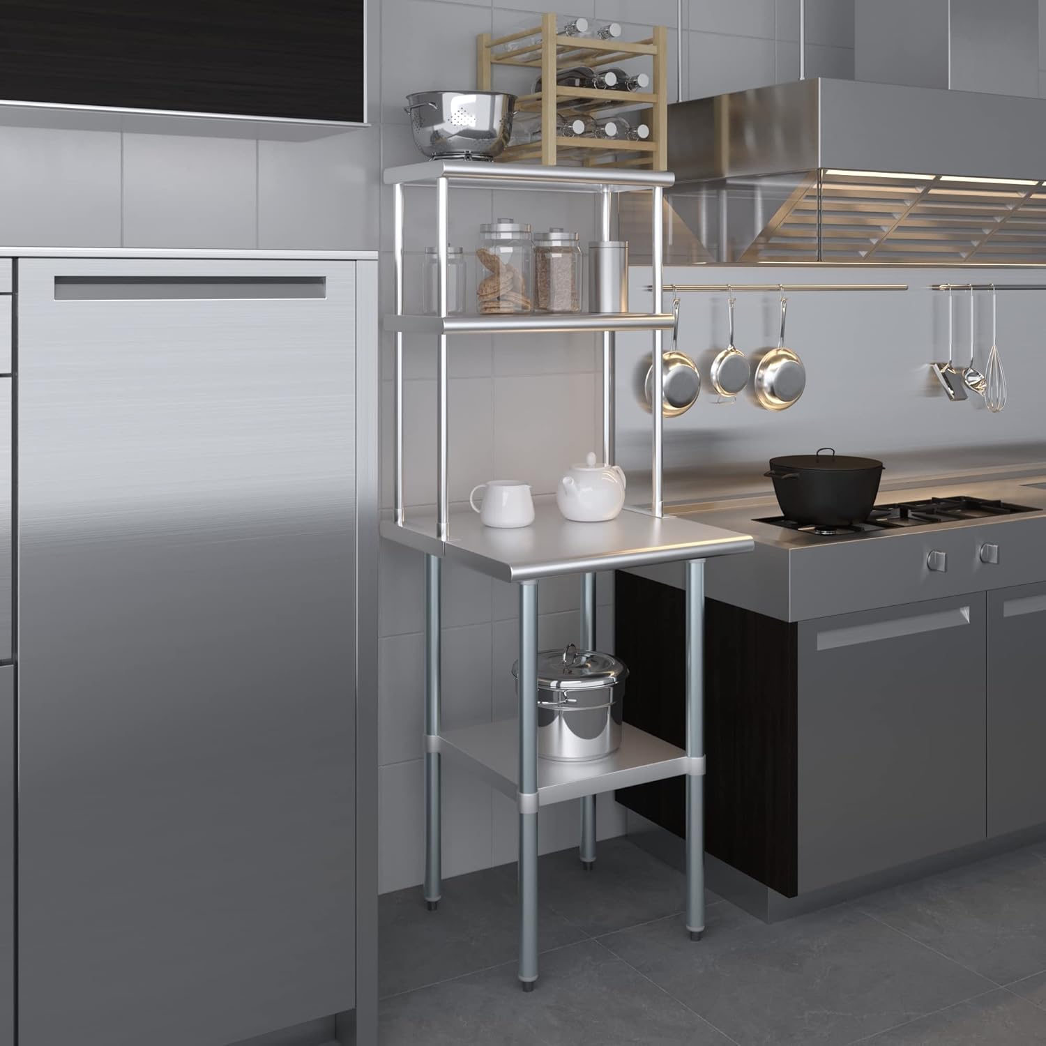 Amgood Stainless Steel Work Table Wide Double Tier Overshelf | NSF | Metal Kitchen Prep Table & Shelving Combo (24" x 24" Work Table + 12" Overshelf)