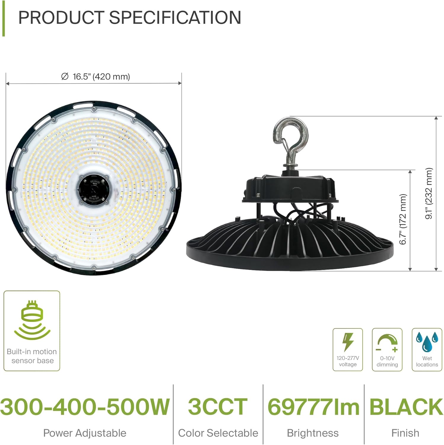 ASD LED High Bay UFO Light Fixture, Commercial Shop Lighting | 3CCT, Dimmable, IP69K Waterproof, DLC Premium, UL Listed | 500W 69700LM 3000-5000K 100-277V | Warehouse, Garage, Workshop Lamp | Black