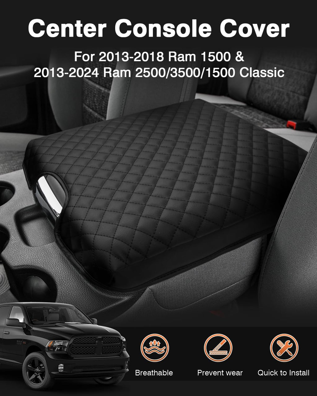 Shademax Center Console Cover for 2013-2018 Ram 1500 & 2013-2024 Ram 2500/3500/1500 Classic Accessories Armrest Cover Cushion Pad for Jump Seat Console Leather Armrest Seat Box Console Lid Protector