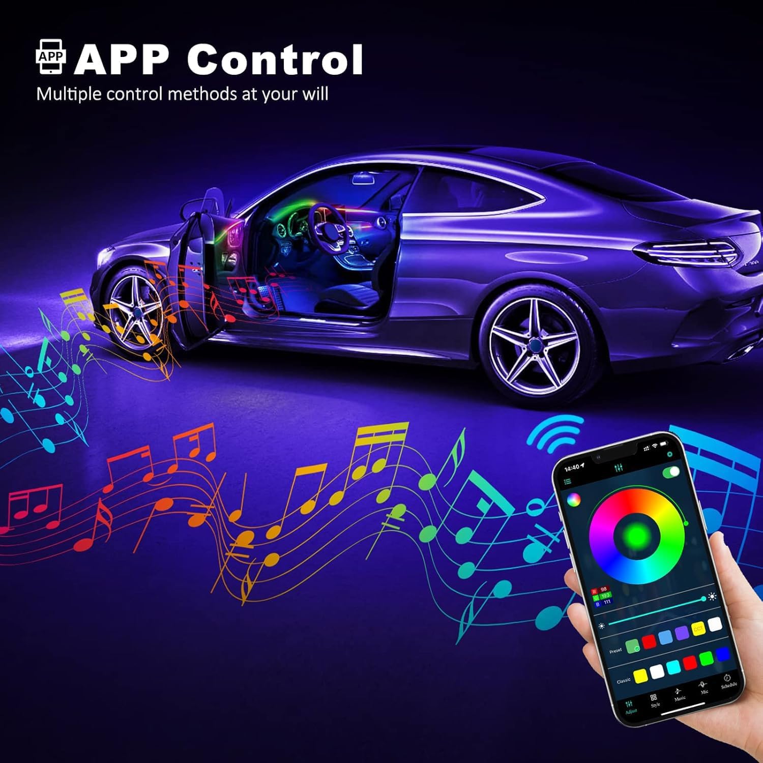 Acrylic Interior Car LED Strip Light with Wireless APP, RGB Dreamcolor 5 in 1 Ambient Lighting Kits, 16 Million Colors Sound Active Function Car Neon Lights, Sync to Music (dreamcolor 5 in 1)