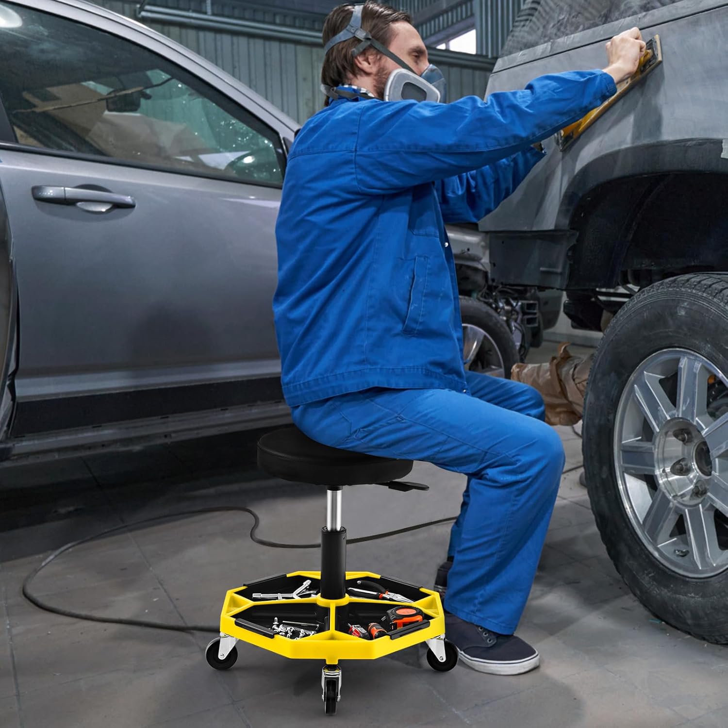 IRONMAX Rolling Mechanic Stool, Adjustable Shop Stool Creeper Seat with Removable Tool Tray, Padded Plush Cushion, Universal Wheels, Heavy Duty Metal Frame, 330 LBS Max Load (Yellow)