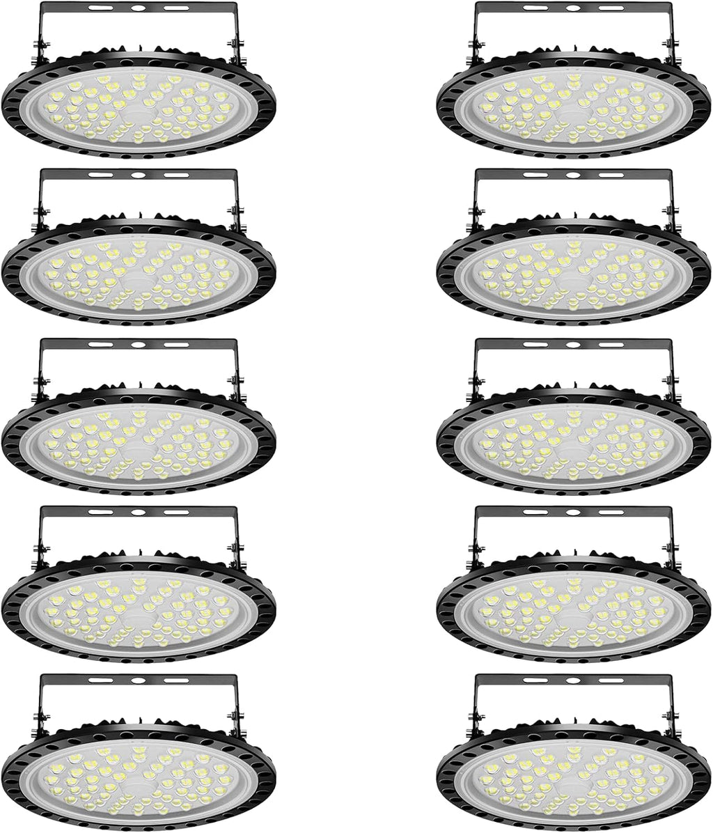 Viugreum 10 Pack 200W UFO LED High Bay Lights, 20000LM 6500K Daylight White Ultra Thin Highbay Light Fixtures, 110V IP65 Waterproof Bay Lighting for Garage Factory Warehouse Gym