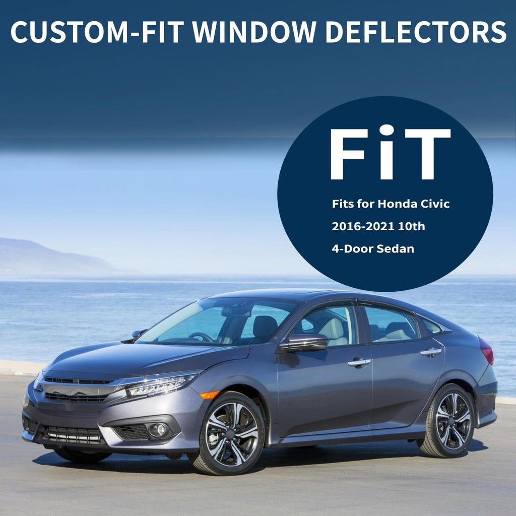 4PCS Rain Guards Window Visors Wind Deflector Fits for Honda Civic 2016-2021 10th 4-Door Sedan, 94682, Outside Mount Vent Shade Shield, 2016 2017 2018 2019 2020 2021