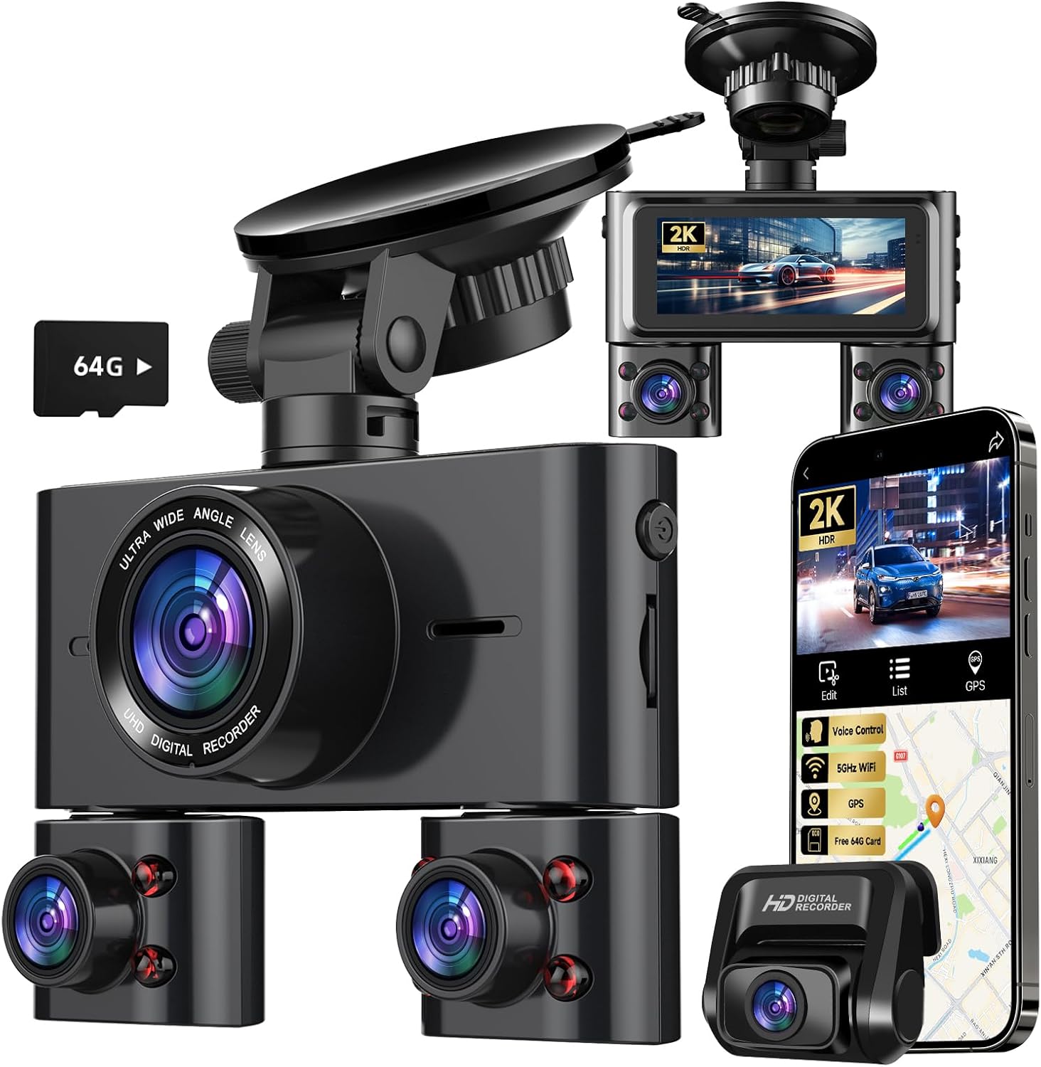 Dash Cam 360°, Dash Camera for Cars Front and Rear Inside, 4 Channel 4K/2K FHD Mini Dashcam, Built-In WiFi, GPS,with 64GB Card, Voice Control, WDR,HDR,Night Vision, 24/7 Parking Mode(Upgraded Version)