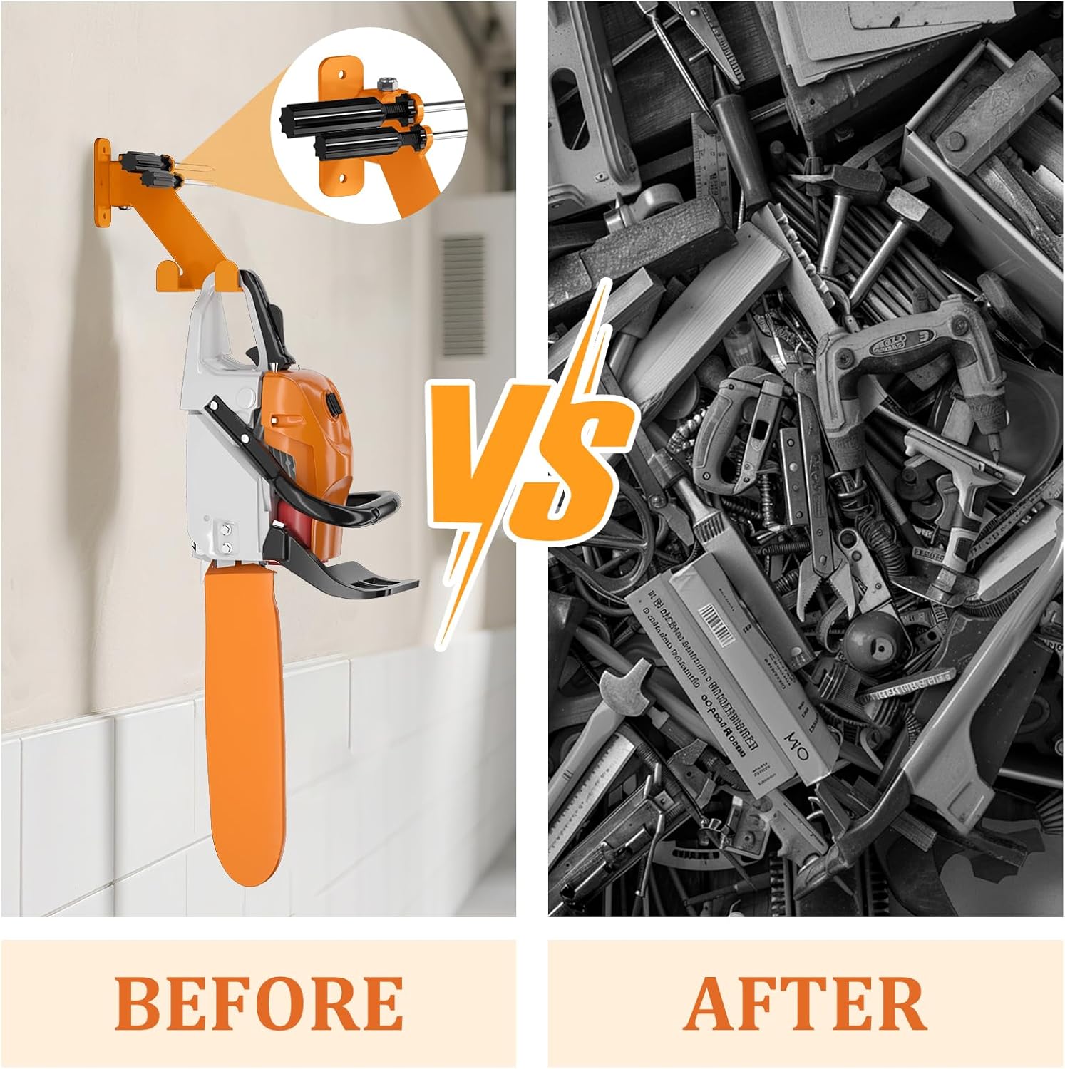 Chainsaw Hanger, 3-in-1 Chainsaw Wall Mount Adjustable Screws for Variety Wall Corner, Garage Organization Garage Storage Shed Organizer Mounted Universal Fit for stihl, Husqvarna, Echo Saws, 1 Pack