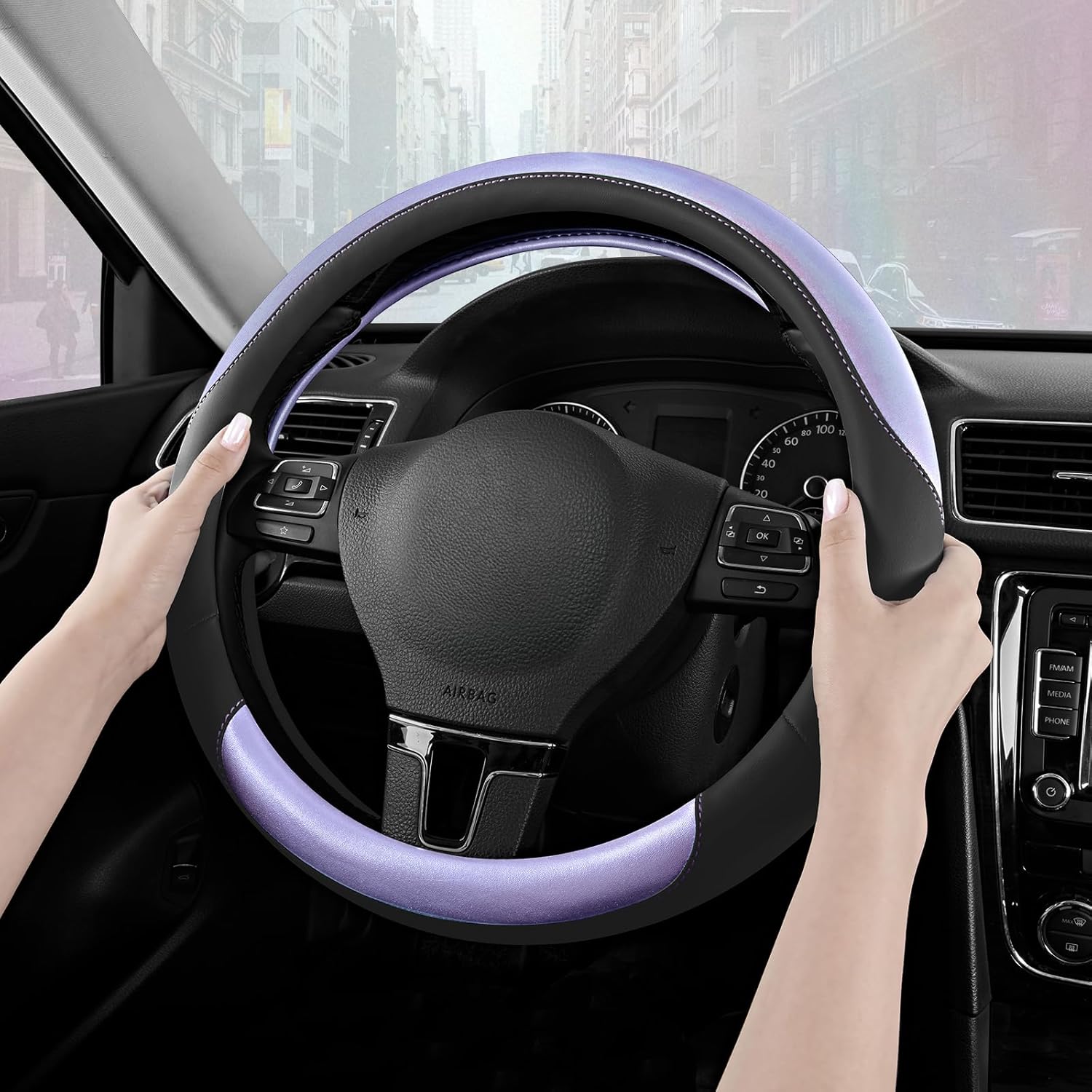 Road Comforts Steering Wheel Cover – Breathable Leather Steering Wheel Cover, Anti-Slip Grip, Universal Fit 14.5” to 15”, Heat & Cold Resistant for Cars, SUVs, and Trucks – Black & Purple