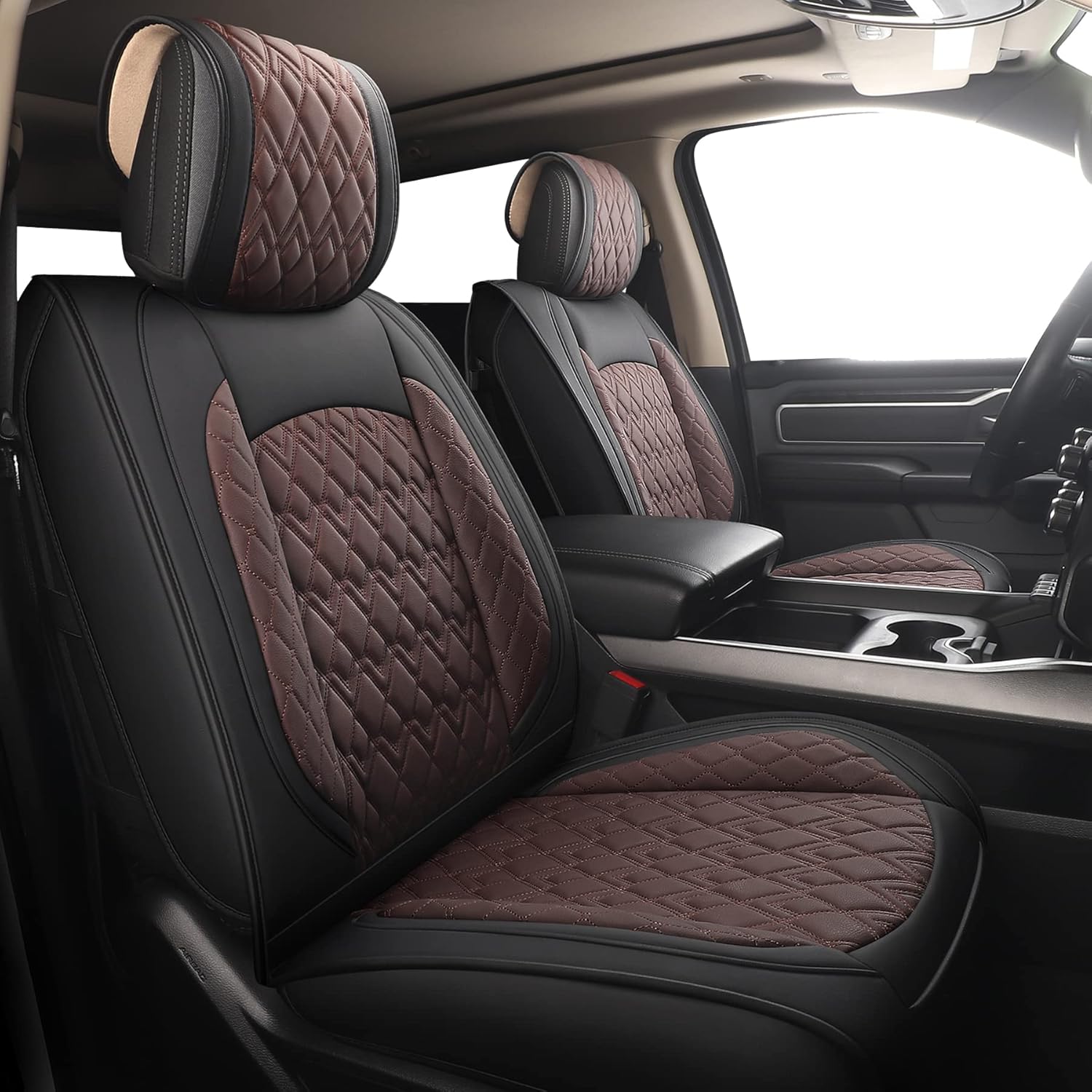 JOJOBAY Car Seat Covers for Dodge Ram 2 Pcs Front,Fit Ram 2009-2025 1500/2500/3500 Pick-up Truck,Crew,Regular,Quad,Mega Cab,Waterproof Leather Seat Covers Protectors（2PCS Front,Black-Brown）