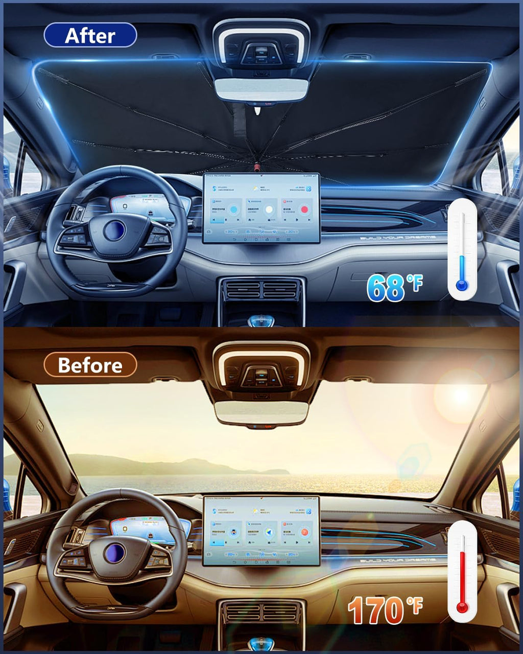 Car Windshield Sun Shade-Sun Ray Reflective Front Window Cover,Foldable Car Sunshade Windshield Umbrella with Bendable Handle for Heat and Sun Protection,Easy to Install for Cars,SUVs,Trucks and Vans