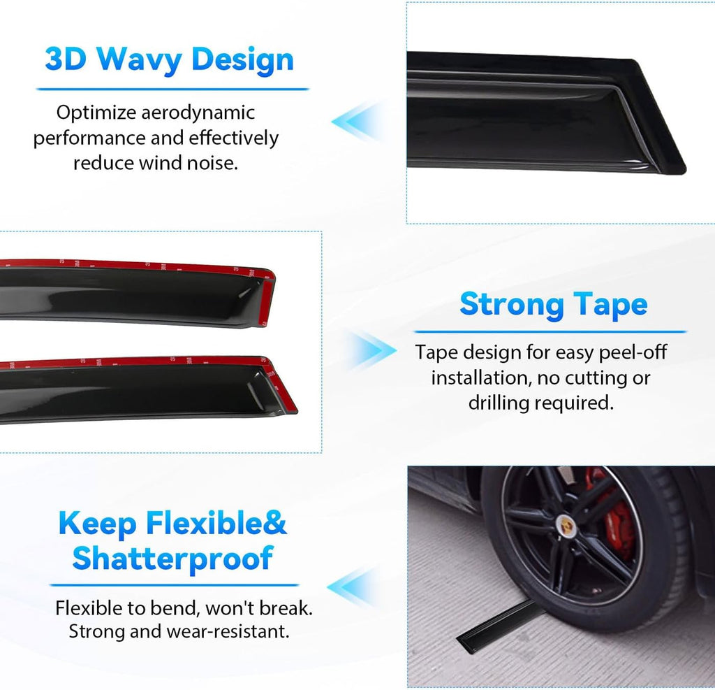 4pcs Front+Rear Smoke Tint Sun/Rain Guard Outside Mount Tape-On Vent Window Visors Compatible with 2016-2024 Chevy Malibu