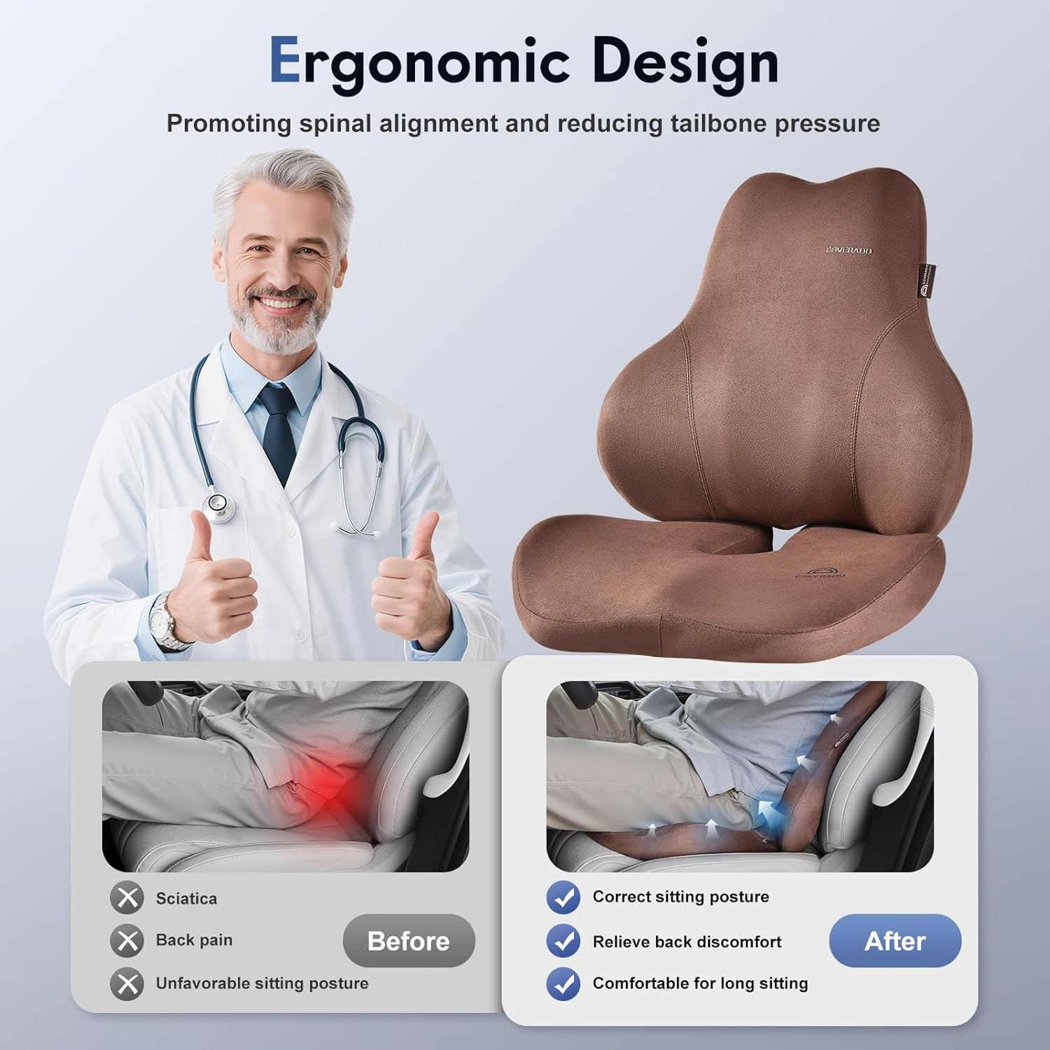 Coverado Memory Foam Car Seat Cushion and Lumbar Support Pillow for Car, Ergonomic Office Chair Cushion for Lower Back Pain Relief, Breathable & Non-Slip for Car, Home, and Office Use, Coffee