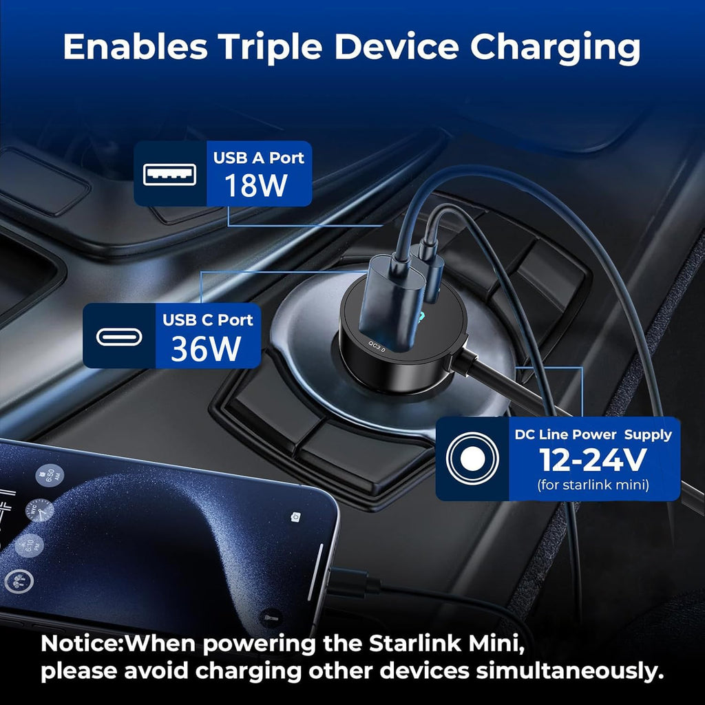 3 in 1 Starlink Mini Cable 10FT, Starlink Mini Car Charger DC Power Cable+Cigarette Lighter Adapter 12V-48V with Digital Display, Durable USB C PD 36W/USB A 18W Ports for Trucks and Cars